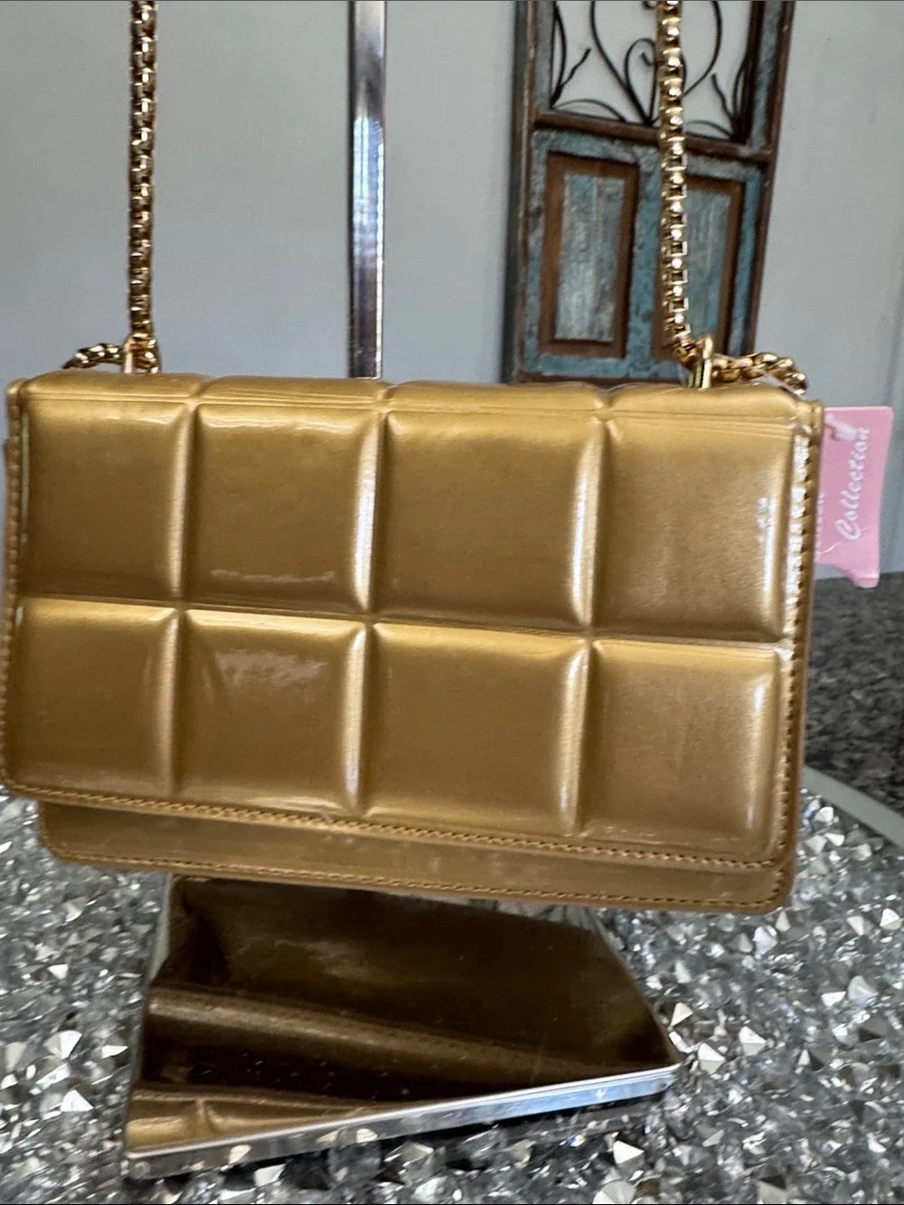 Metallic Gold Quilted shoulder clutch Bag with Chain Strap NWT